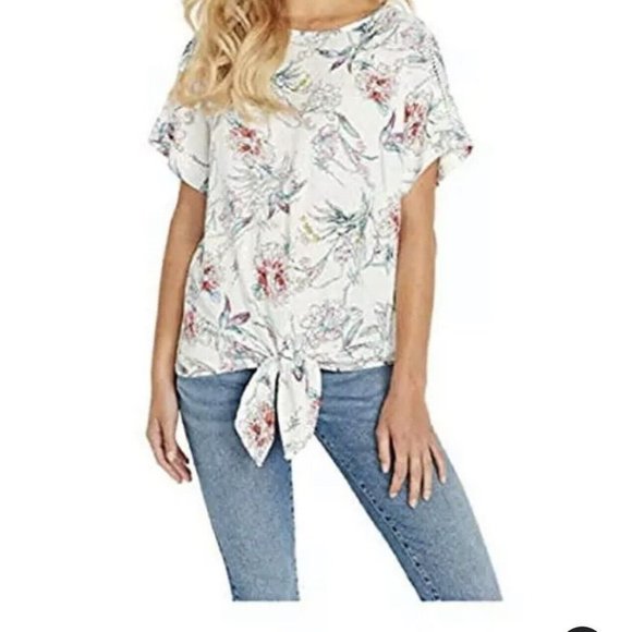 Buffalo David Bitton Size Medium Floral Tie Front Blouse Top Crochet Trim - Picture 9 of 9